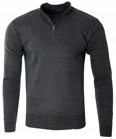 Sweter męski na krótki zamek stójka antracytowy klasyczny - MUST