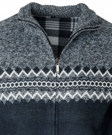 Sweter męski rozpinany ocieplany polarem jesienny granatowo-szary ze wzorem 