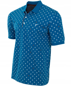 Koszulka męska polo ciemno-niebieska ze wzorem kotwice dekolt z guzikami kołnierz wiosenna - Reymo