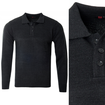 Bluza męska z kołnierzykiem polo na guziki czarna gładka ze ściągaczami wełniana - Reymo