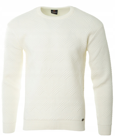 Sweter męski z okrągłym dekoltem ecru wzór pasy wełniany klasyczny - Devanti