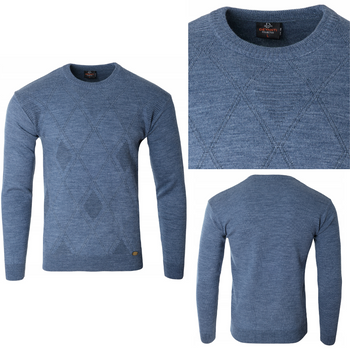 Sweter męski z okrągłym dekoltem niebieski wzór geometryczny wełna klasyczny - Devanti