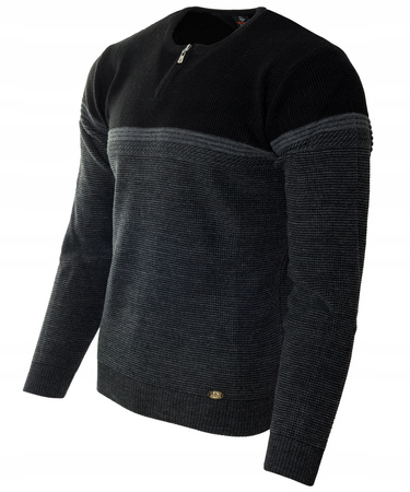 Sweter męski z okrągłym dekoltem na krótki zamek czarny klasyczny - Devanti