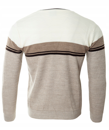 Sweter męski z okrągłym dekoltem beżowy wzór pasy wełniany klasyczny - Devanti
