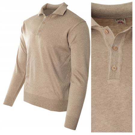 Sweter męski beżowy z kołnierzykiem na guziki ze ściągaczami wełna gładki Devir Orme