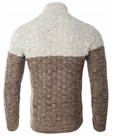 Sweter męski półgolf na krótki zamek jesienny brązowo-beżowy ze wzorem wełniany ciepły - Devanti