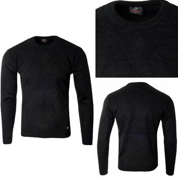 Sweter męski z okrągłym dekoltem czarny wzór geometryczny wełna klasyczny - Devanti