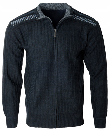 Sweter męski rozpinany ocieplany polarem jesienny granatowy ze wzorem 