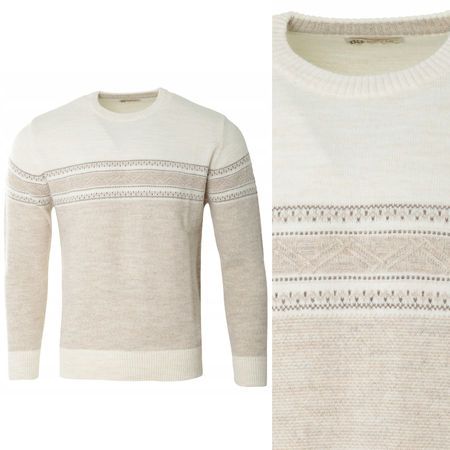 Sweter męski z okrągłym dekoltem beżowy wzór pasy wełniany klasyczny - Devanti