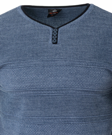 Sweter męski z okrągłym dekoltem krótkie zapięcie na guziki niebieski pasy klasyczny - Devanti
