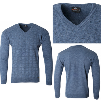 Sweter męski niebieski dekolt w serek V wzór kratka wełniany turecka Devanti