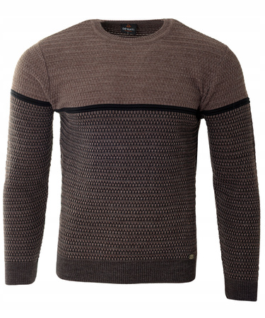 Sweter męski z okrągłym dekoltem ciemno-brązowy wzór geometryczny pasy wełniany klasyczny - Devanti