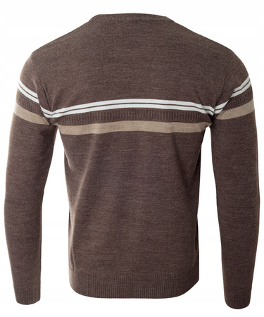 Sweter męski z okrągłym dekoltem brązowy wzór pasy wełniany klasyczny - Devanti