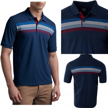 Koszulka męska polo granatowa w paski bawełniana dekolt z guzikami kołnierz wiosenna - Reymo