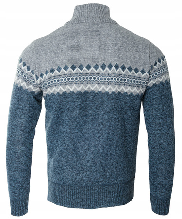 Sweter męski rozpinany ocieplany polarem jesienny niebiesko-szary wzorem 
