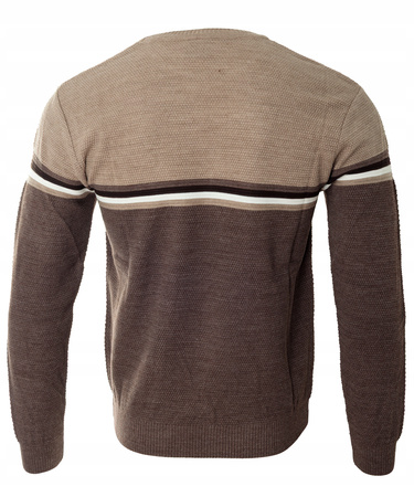 Sweter męski z okrągłym dekoltem brązowy wzór pasy wełniany klasyczny - Devanti