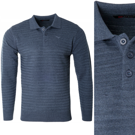 Bluza męska z kołnierzykiem polo na guziki niebieska wzór w pasy ze ściągaczami bawełniana - Reymo