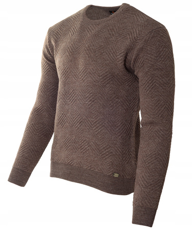 Sweter męski z okrągłym dekoltem ciemno-brązowy wzór wełniany klasyczny - Devanti