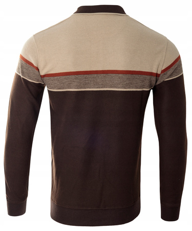 Bluza męska brązowo-beżowa z kołnierzykiem polo na guziki ze ściągaczami bawełniana - Reymo