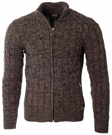 Sweter męski półgolf rozpinany jesienny brązowy ze wzorem wełniany ciepły - Devanti 