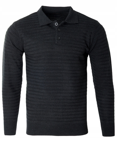 Bluza męska z kołnierzykiem polo na guziki czarna wzór w pasy ze ściągaczami bawełniana - Reymo