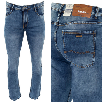 Męskie spodnie jeansy klasyczne z przetarciami niebieskie proste - Viman