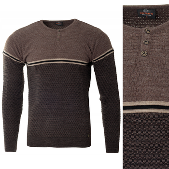 Sweter męski z okrągłym dekoltem krótkie zapięcie na guziki ciemno-brązowy klasyczny - Devanti