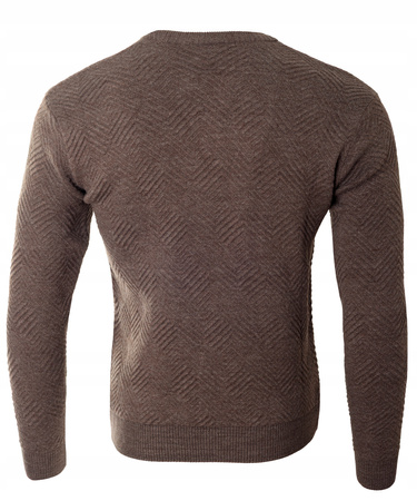 Sweter męski z okrągłym dekoltem ciemno-brązowy wzór wełniany klasyczny - Devanti