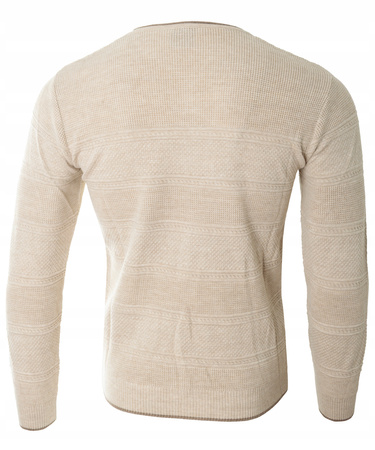 Sweter męski z okrągłym dekoltem krótkie zapięcie na guziki jasno-beżowy pasy klasyczny - Devanti