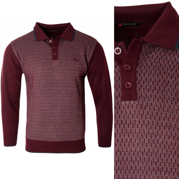 Sweter męski bordowy z kołnierzykiem polo na guziki ze ściągaczami wełna we ze wzorem - Reymo