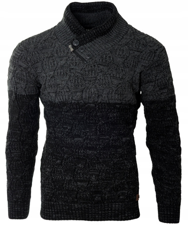 Sweter męski z okrągłym dekoltem zapięcie na krótki zamek i guziki czarny klasyczny - Devanti
