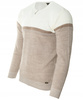 Sweter męski z okrągłym dekoltem na krótki zamek beżowo-biały klasyczny - Devanti