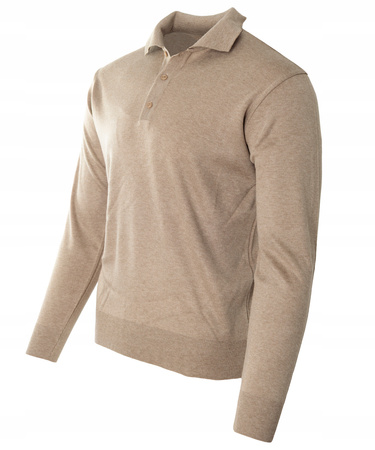 Sweter męski beżowy z kołnierzykiem na guziki ze ściągaczami wełna gładki Devir Orme