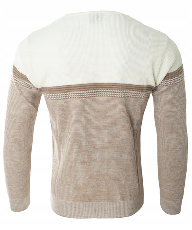 Sweter męski z okrągłym dekoltem na krótki zamek beżowo-biały klasyczny - Devanti