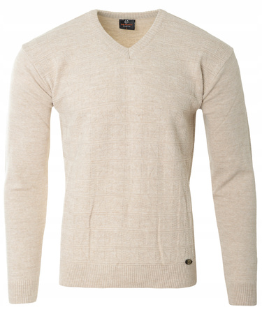 Sweter męski beżowy dekolt w serek V wzór kratka wełniany turecka Devanti
