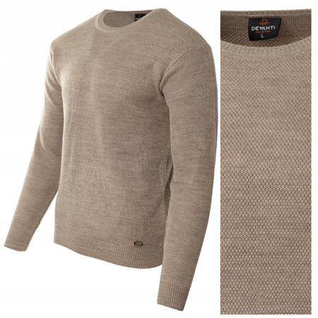Sweter męski z okrągłym dekoltem brązowy wełniany klasyczny - Devanti