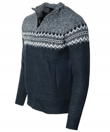 Sweter męski rozpinany ocieplany polarem jesienny granatowo-szary ze wzorem 