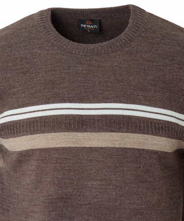 Sweter męski z okrągłym dekoltem brązowy wzór pasy wełniany klasyczny - Devanti