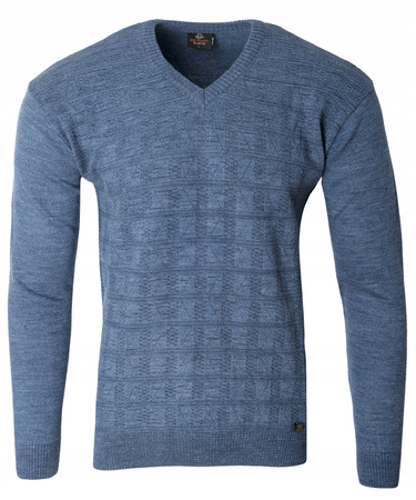 Sweter męski niebieski dekolt w serek V wzór kratka wełniany turecka Devanti