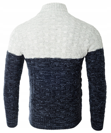 Sweter męski półgolf na krótki zamek jesienny granatowo-szary ze wzorem wełniany ciepły - Devanti