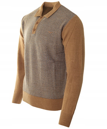 Sweter męski brązowy z kołnierzykiem polo na guziki ze ściągaczami wełna we wzór - Reymo
