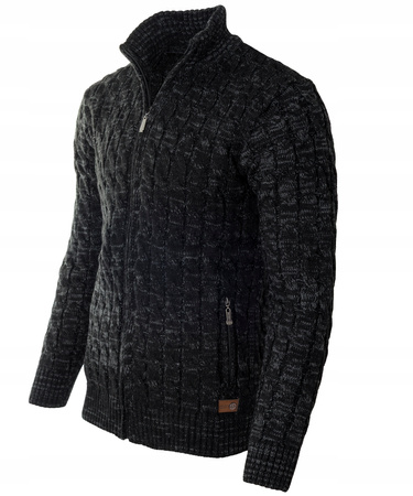 Sweter męski półgolf rozpinany jesienny czarny ze wzorem wełniany ciepły - Devanti 