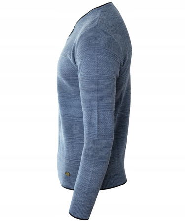 Sweter męski z okrągłym dekoltem krótkie zapięcie na guziki niebieski pasy klasyczny - Devanti