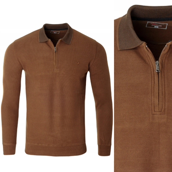 Bluza męska brązowa z kołnierzykiem na zamek ze ściągaczami bawełna - Reymo