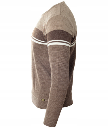 Sweter męski z okrągłym dekoltem brązowy wzór pasy wełniany klasyczny - Devanti