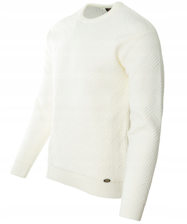 Sweter męski z okrągłym dekoltem ecru wzór pasy wełniany klasyczny - Devanti