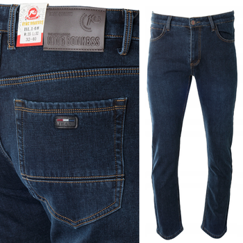 Męskie spodnie jeansy klasyczne granatowe ocieplane polarem bawełna proste - King BSS
