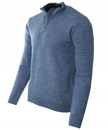 Sweter męski półgolf krótkie zapięcie na zamek niebieski gładki klasyczny - Devanti