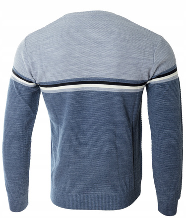 Sweter męski z okrągłym dekoltem wełniany niebiesko-błękitny pasy klasyczny - Devanti