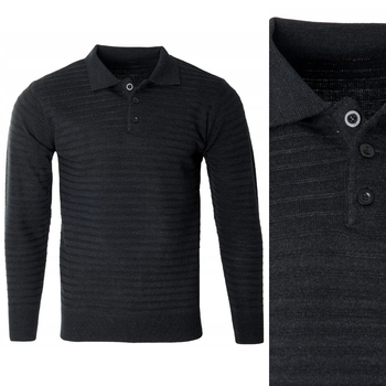 Bluza męska z kołnierzykiem polo na guziki czarna wzór w pasy ze ściągaczami bawełniana - Reymo